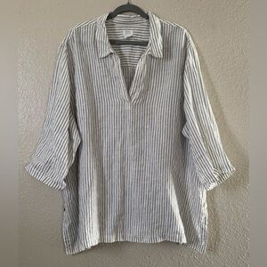 100% Linen W Sz.3X Navy Stripe Collared Tunic Beachy Vacation Lagenlook Nautical